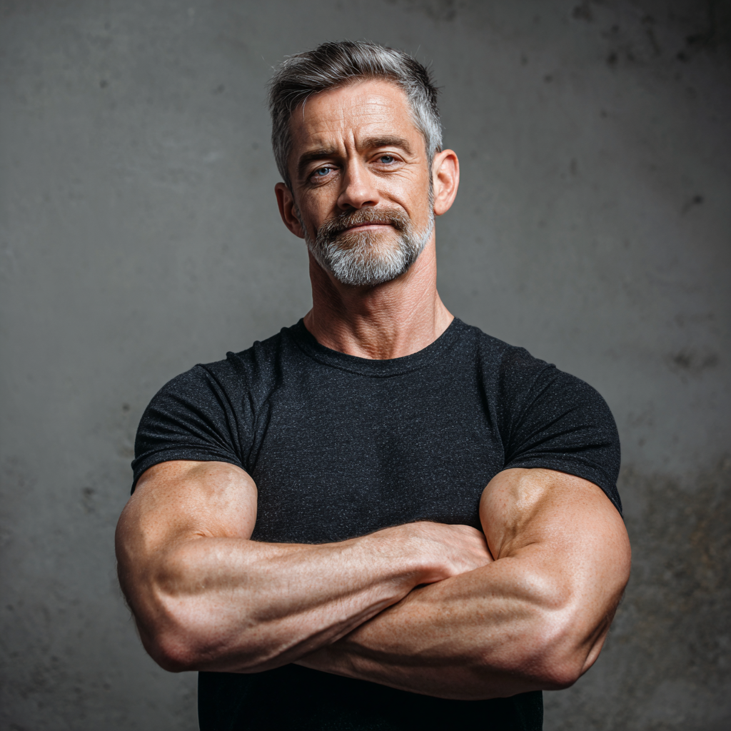 Mature man showing strength and confidence after fitness training