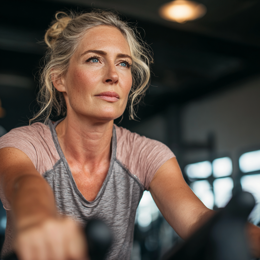 Middle-aged woman exercising with determination in modern gym