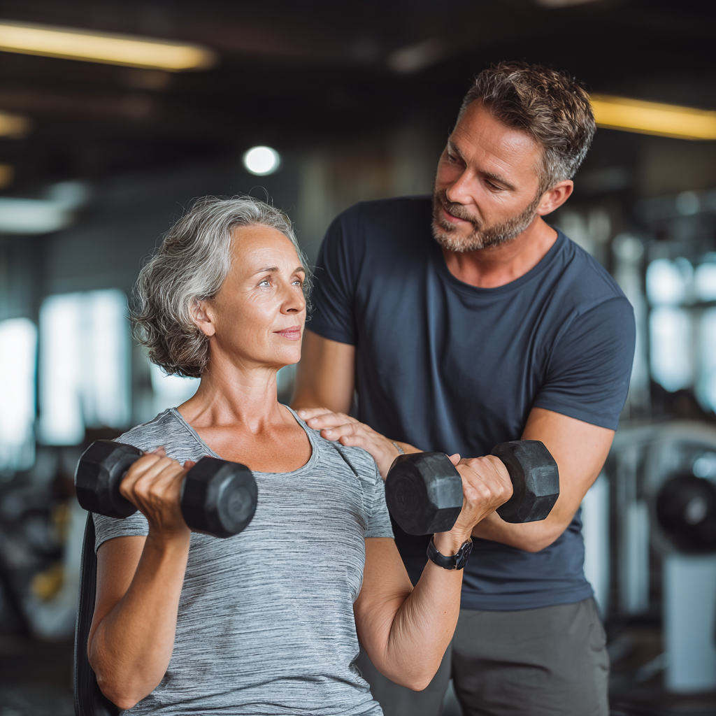Professional fitness instructor working with middle-aged client in supportive environment